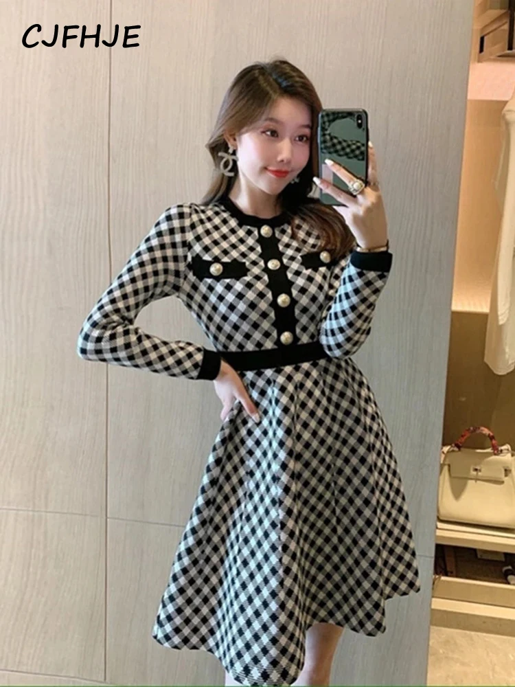 

Korean Fashion Plaid Mini Dress Vintage Knitted Sweater Maxi Dresses for Women party Button Up Robe Femme Vestidos Autumn 2022