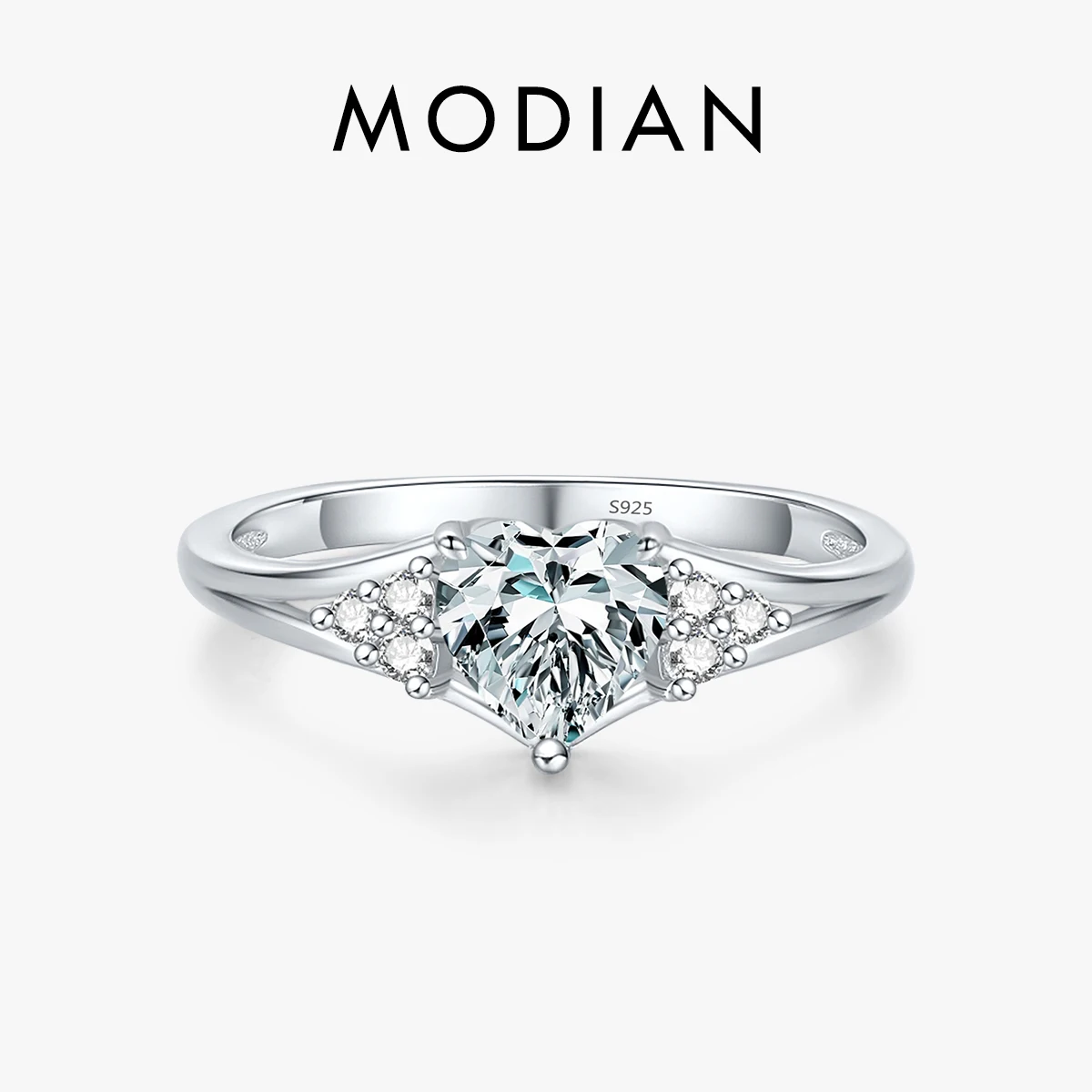 MODIAN 925 Sterling Silver Romantic Heart Love Prong Setting Zirconia Finger Ring For Women Wedding Engagement Anniversary Gift