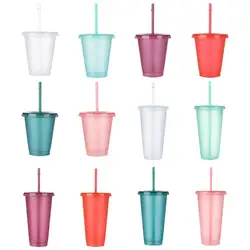 Reusable Flash Powder Straws Cup with Lid Drinking Water Bottles Hard  Plastic Outdoor Sport Coffee Mugs Leak Proof Drinkware