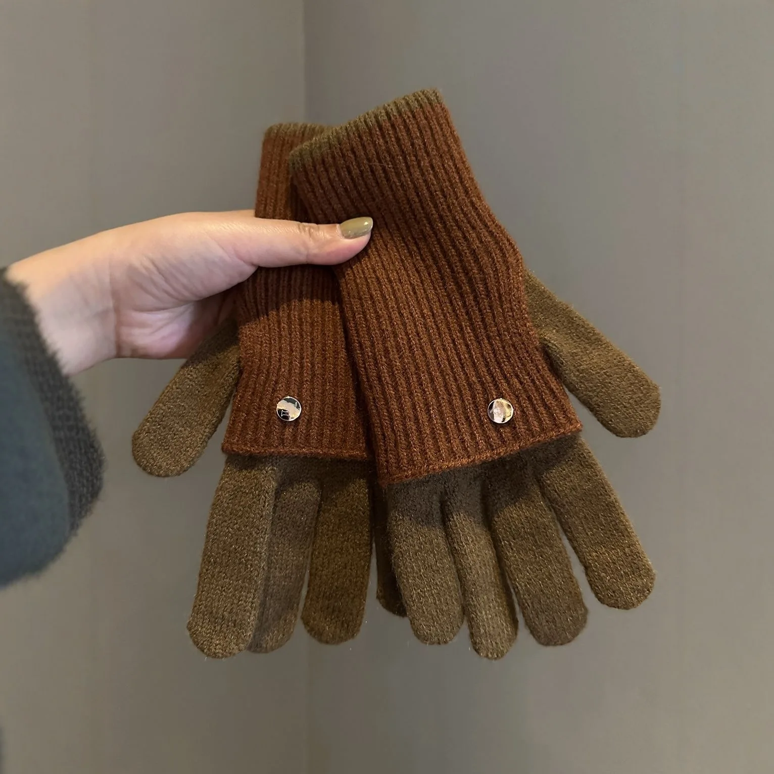 Knit Fingerless Gloves Women Color Block Touchscreen Warm Winter Cycling Student Two Way Wear