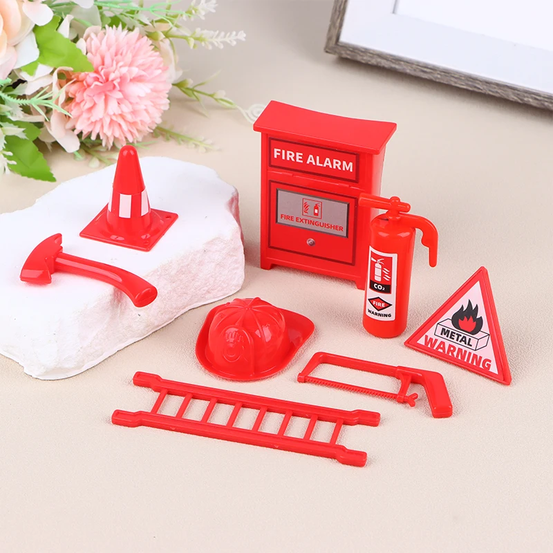 1Set 1:12 Dollhouse Miniature Fire Accessories Extinguisher Fire Hydrant Helmet Ladder Hammer Model Scene Decor Toy