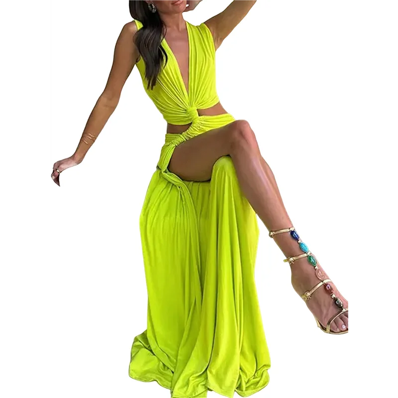 CGS-Damenkleid, hohles langes Kleid, hohles Twist-Schlitzsaum, tiefer V-Ausschnitt, enges, unregelmäßiges Kleid