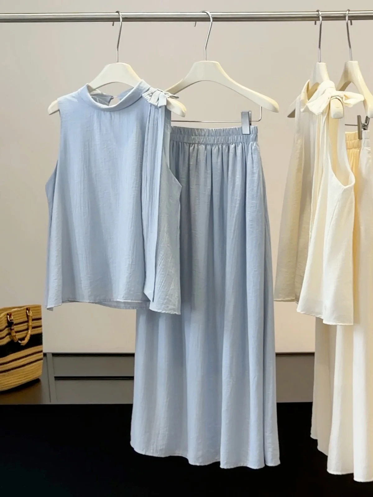 Elegance Minimalist Light Blue Bow Halter Top Maxi Skirt Set Sleeveless Blouse High Waist A-line Skirt Women Casual Summer Suits
