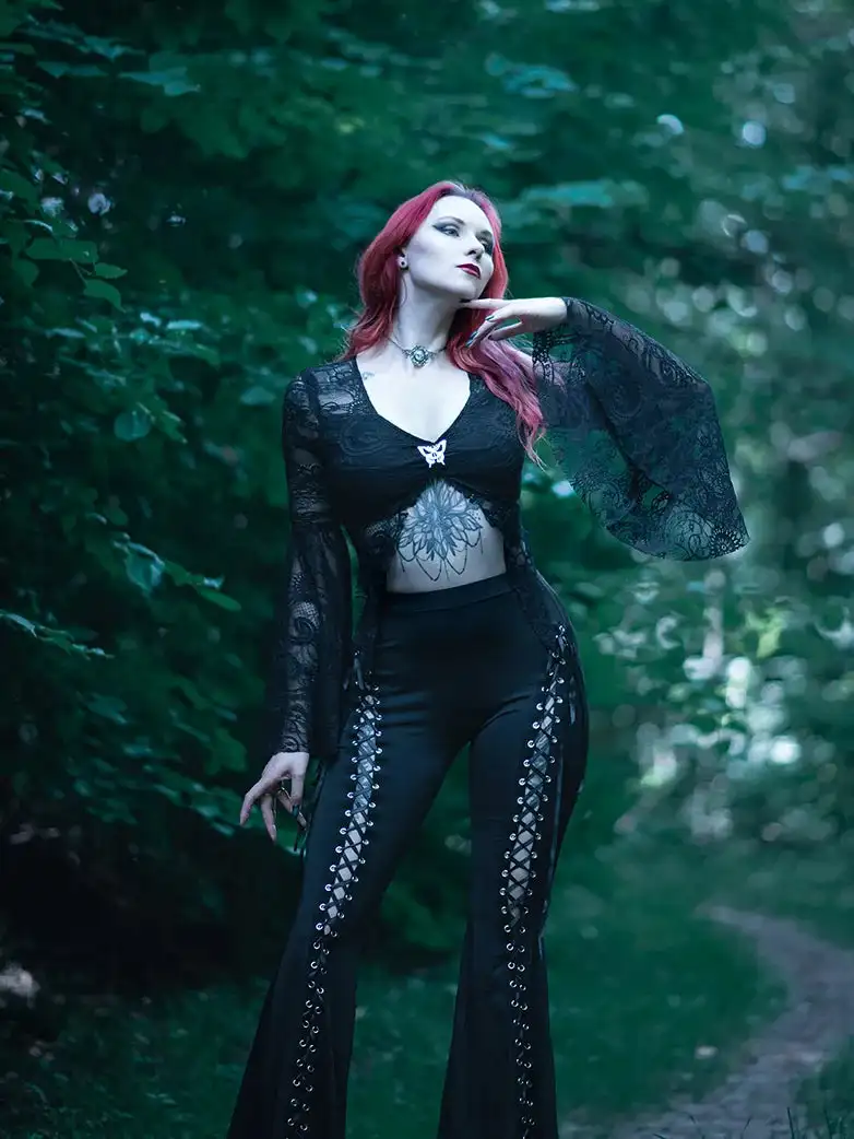 

Women‘s’ Punk Style Gothic 90's Goth Y2K Eyelets Flared Pants Hollow Out Lace Up Flare Trousers Black S~3XL