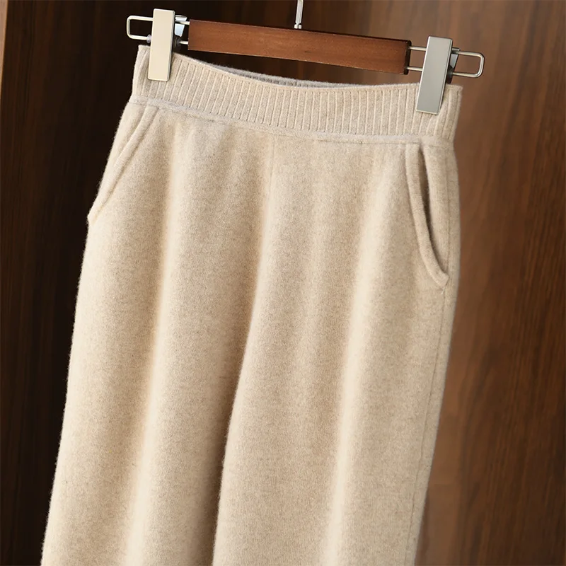 New Chic Women's Wool Pencil Pants Autumn Winter 100% Merino Wool Knit Trousers Pocket Simple Style Thick Soft Cashmere Pants