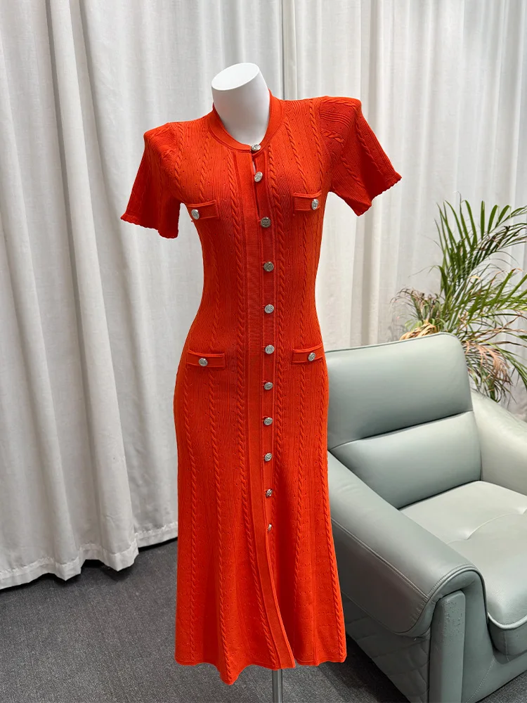 

CHUJIE French Jacquard Knit Dress Slim Fit Round Neck Short Sleeve Bodycon Midi Dress Spring Summer SS25 with Lace Trim