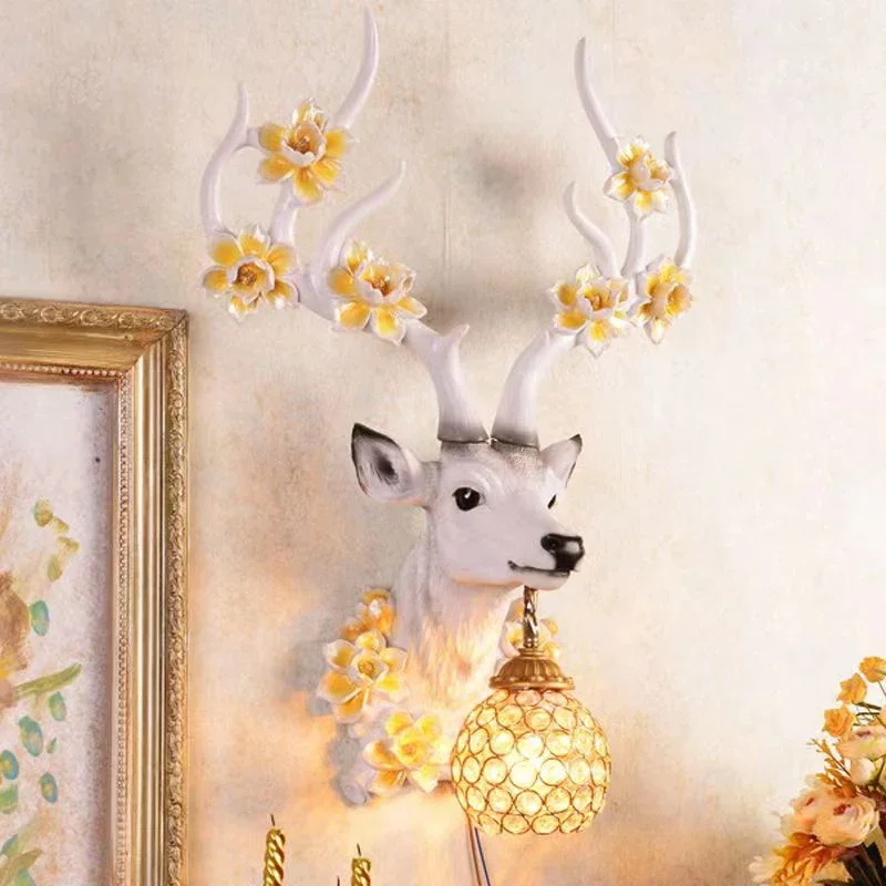 Contemporary Deer Head Wall Lamp Resin Beautiful Plum Blossom Crystal Lights LED Creative Decor Home Living Room Bedroom