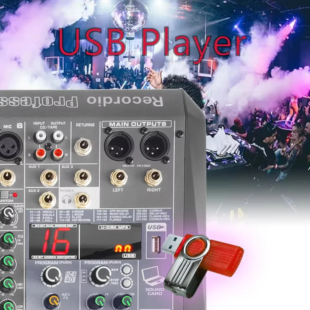 

GAX-ME6 Six Channel Professional Mixing Console Audio Mixer Build-in 256 DSP 3 Auxiliary USb Player