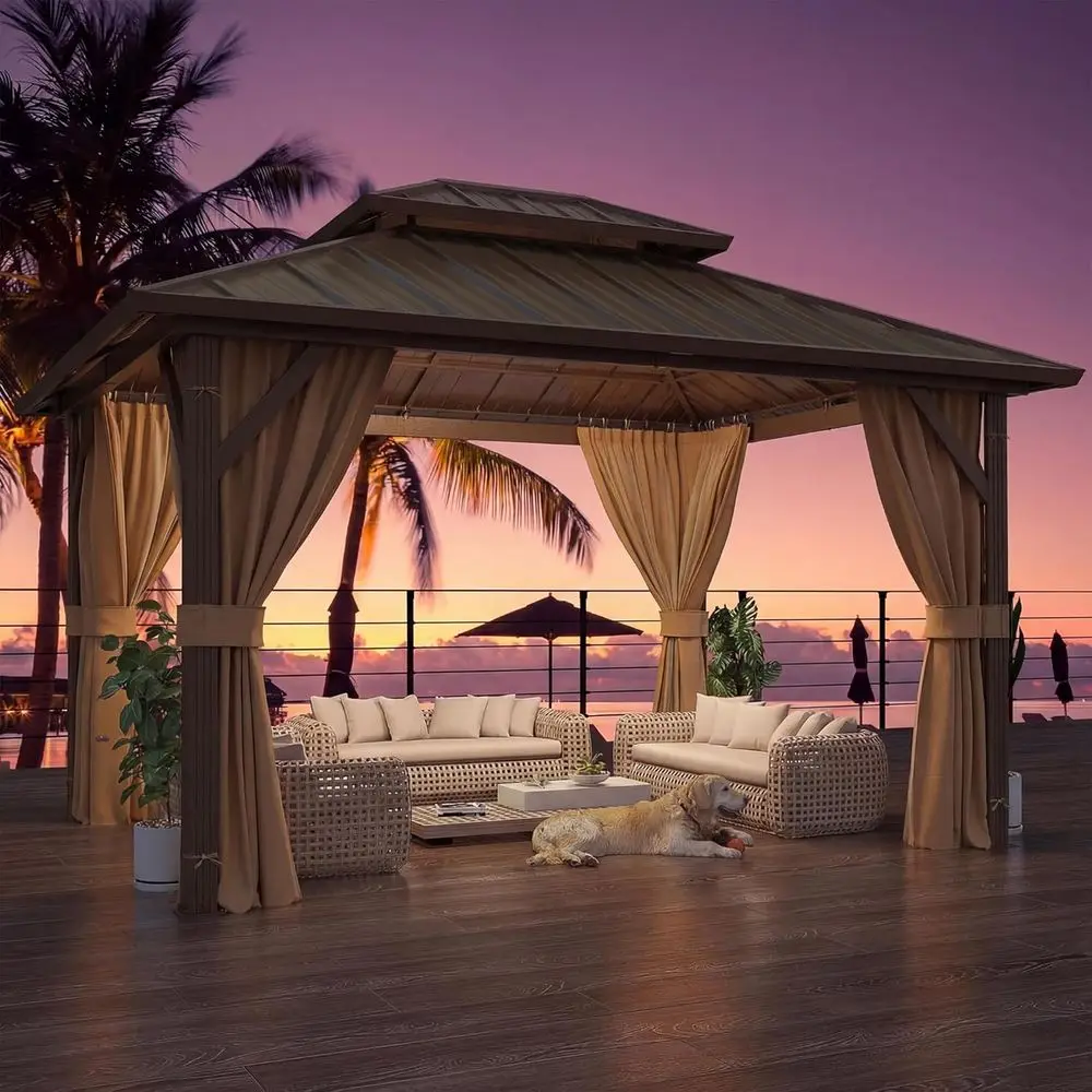 10' x 12' Hardtop Gazebo, Metal Gazebo with e, Double Galvanized Steel Roo, Curtains and Netting Included, Pergolas or Patios, G