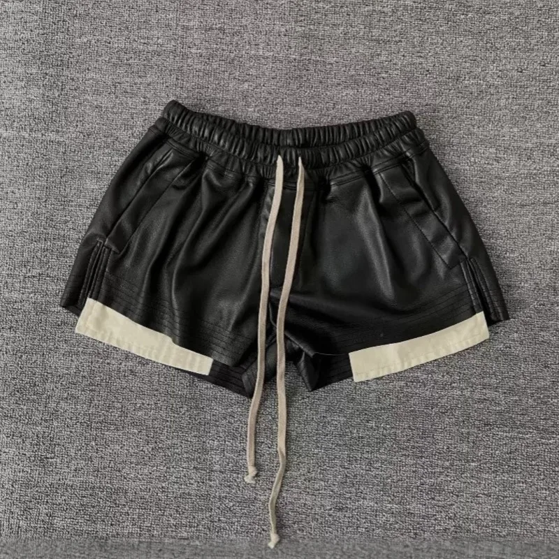 Summer Women's PU Leather Shorts Dark Retro Side Split Color Block Elastic Waisted Drawstring Hot Shorts Female Clothing