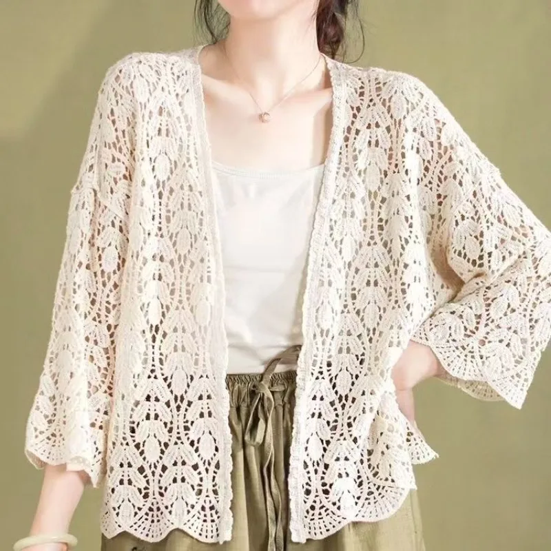 Cárdigan hueco de punto fino para mujer, Top de moda coreana, camisa corta suelta con protección solar con aire acondicionado, novedad de primavera