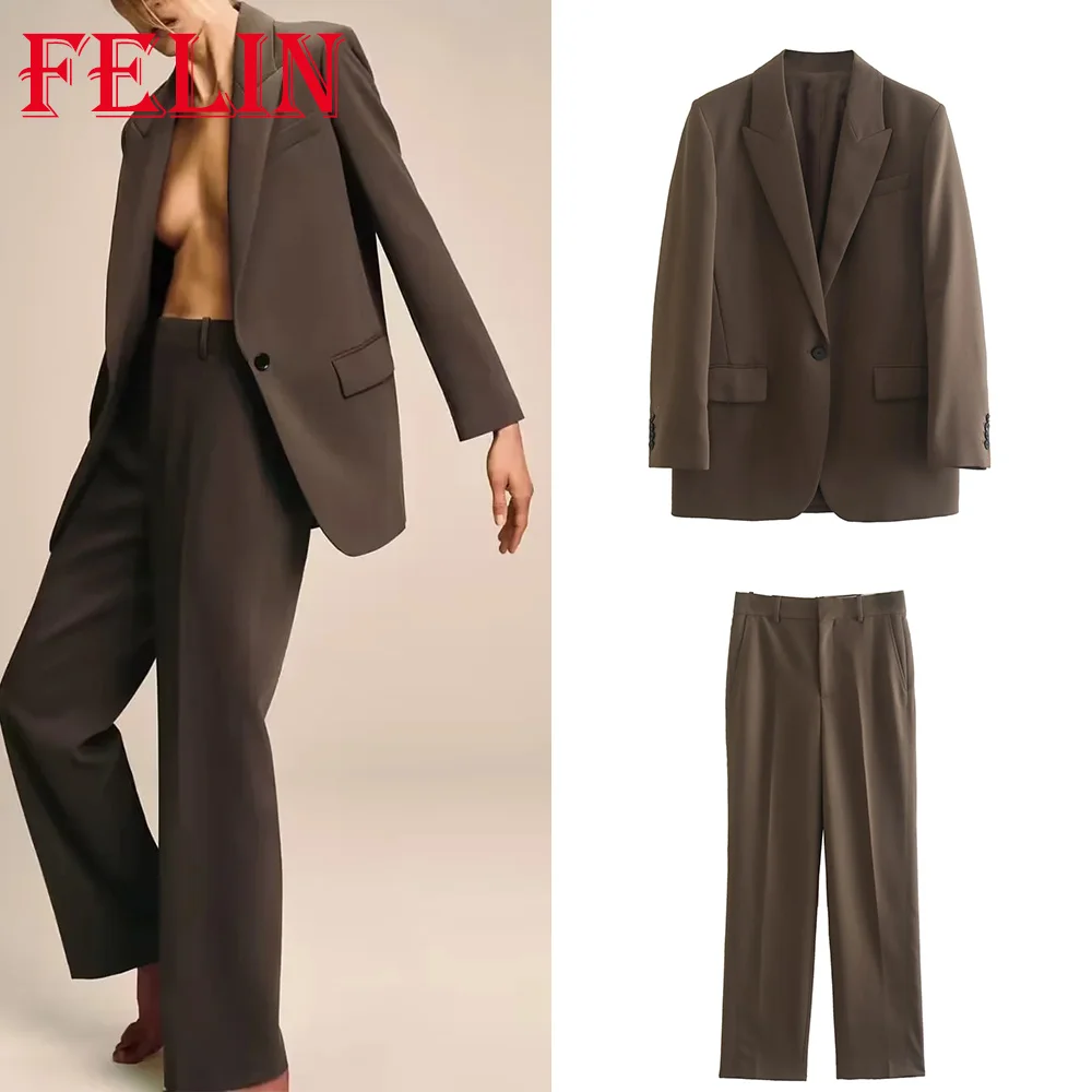 TRAF Woman Fashion 2023 Autumn Brown Office Lady Woman Suits Loose V Neck Blazer+High Waist Long Leg Pants Vintage Women Sets