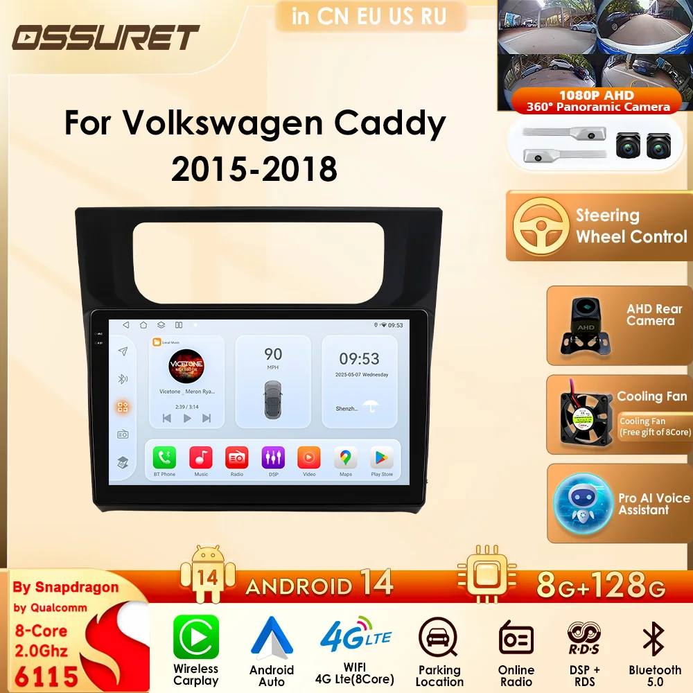 Ossuret 2din Carplay Car Intelligent Systems For Volkswagen Caddy 2015-2018 (Manual & Auto AC) Support Android Auto 4G WIFI RDS