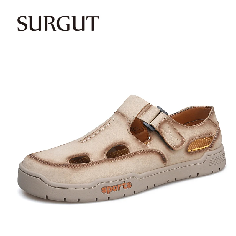 ​SURGUT Summer Breathable Men's Sandals Hook-Loop Strap Anti-Slip Wearproof Vintage Washed Plus Size 38-47