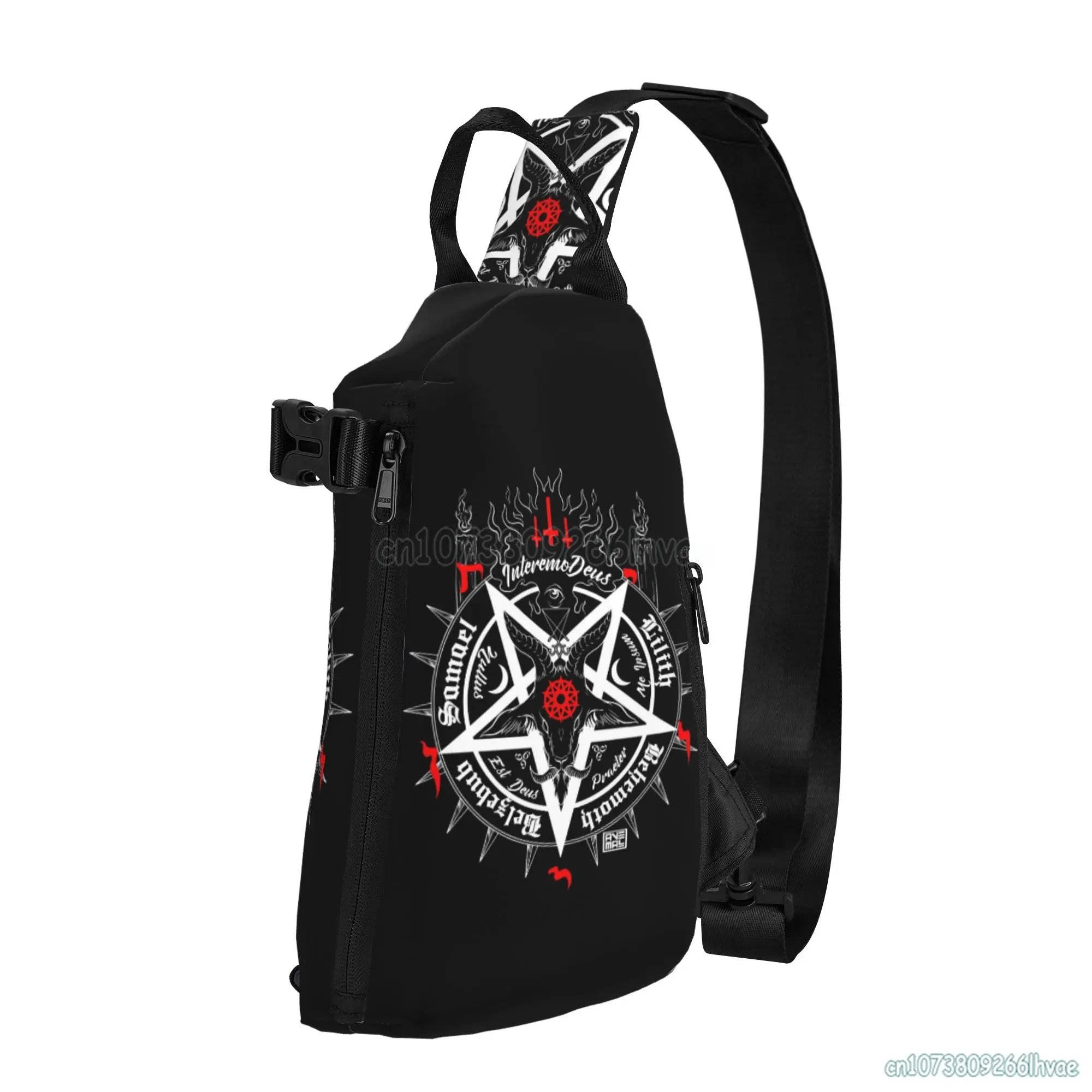 Sac de poitrine occulte satanique pour homme, sac à dos de randonnée, sacs à bandoulière, noir, tête de mort satan, fréquence, graphique initié, voyage, sport