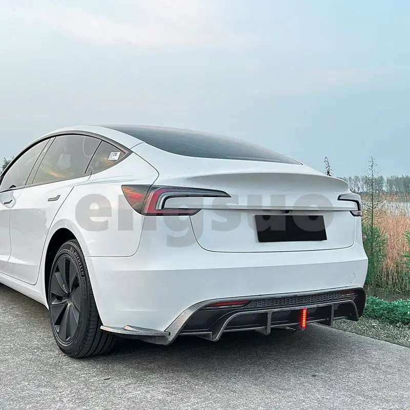 For Tesla Model 3 Highland 2024+ Glossy Black Rear Bumper Diffuser Carbon Fibern PP Material Rear Lip LED Pilot Light