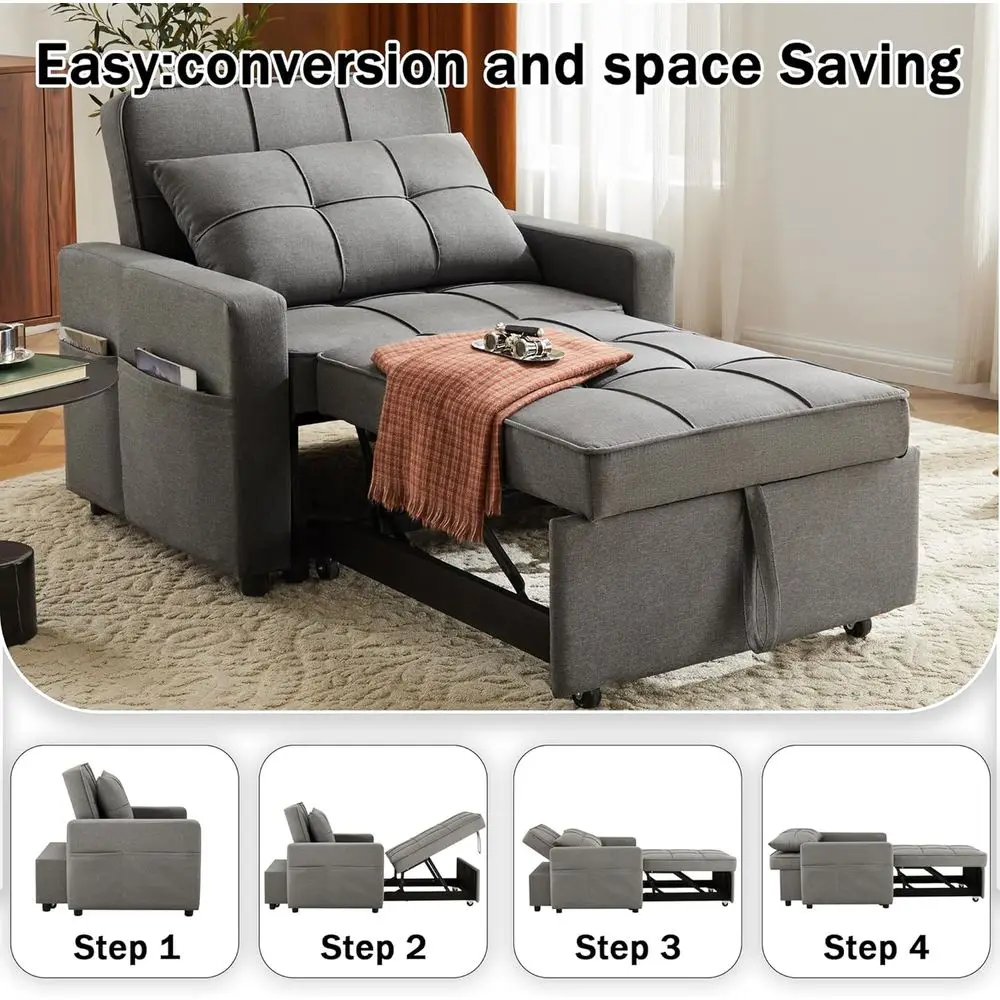3-in-1 Convertible Futon Sofa Bed with Reclining Backrest and Side Storage, 35.6 Dark Grey