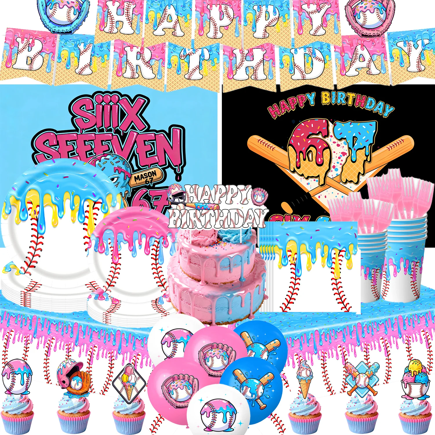 

67 Ice Cream Baseball Theme Birthday Party Tableware Decoration 67 Player Drip Balloon Banner Cake Topper Backdrop Kids Supplies