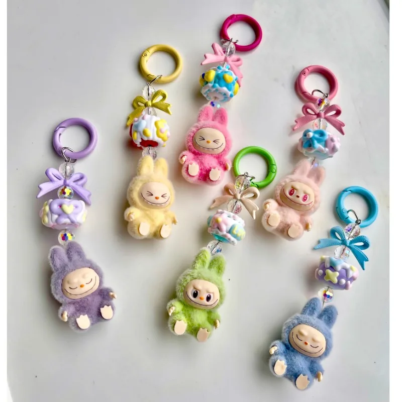 

Cute Labubu Doll particles Keychain External Implantation Fluff Toy Phone Ornaments Bag Charms Backpack Pendent Keychain Gifts