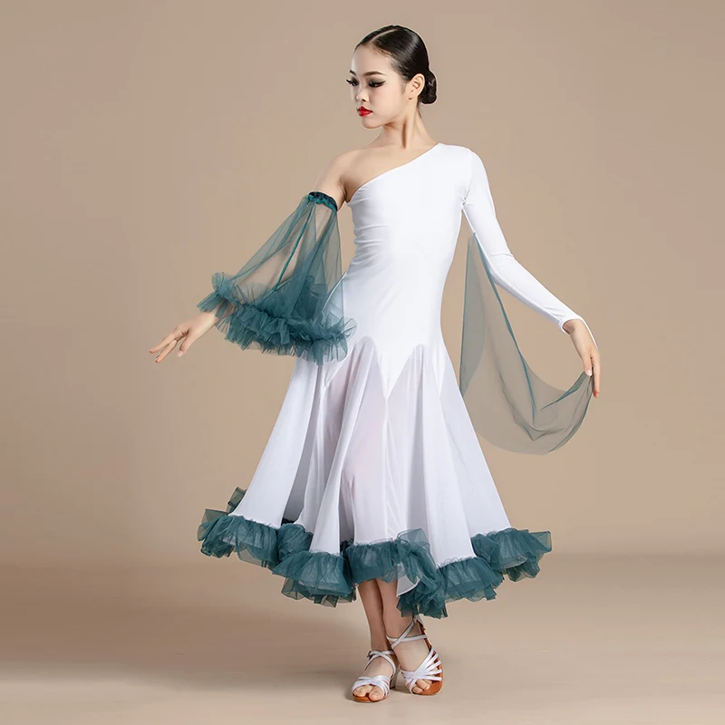 

2024 Girls One-Sleeve Ballroom Dance Dresses Standard Dancing Performance Costume Children Waltz Tango Dance Dress VDB7979