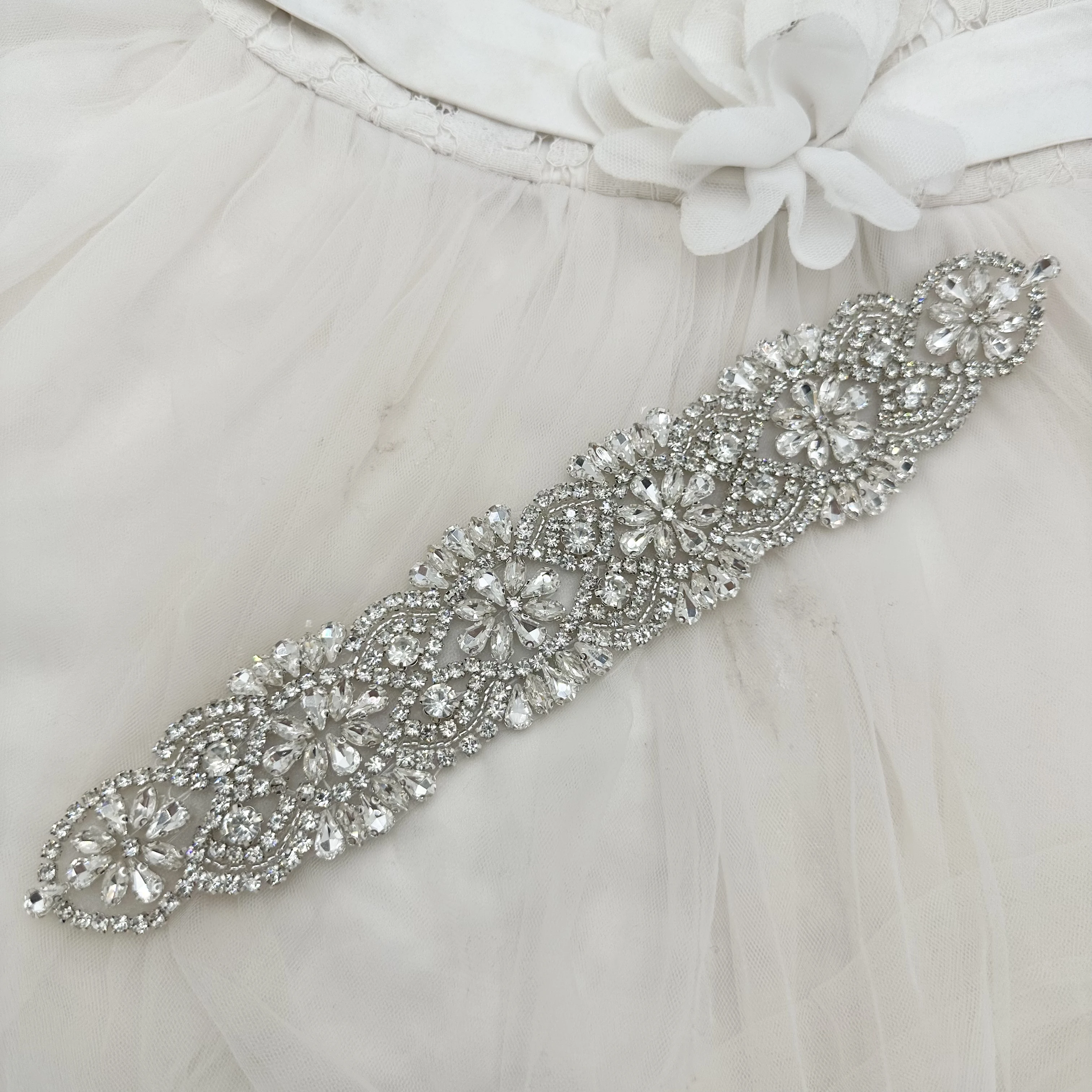 beaded pearl rhinestone applique silver patch for women dress wedding sash bridal belt