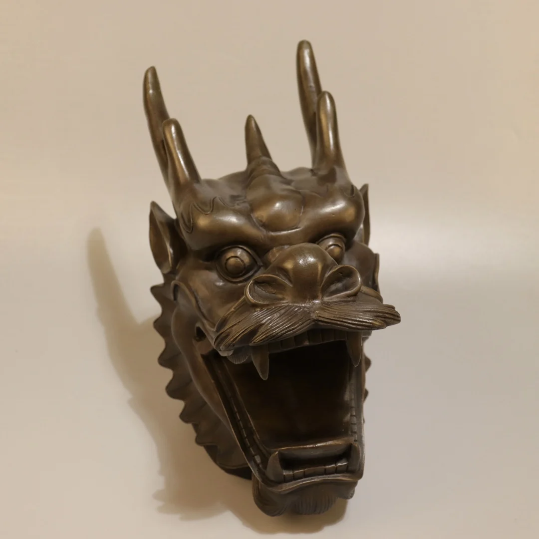 10"Tibetan Temple Collection Old Brass Chinese Loong Statue  Dragon Head Statue  Divine Beast Ornaments Town house Exorcism view 6