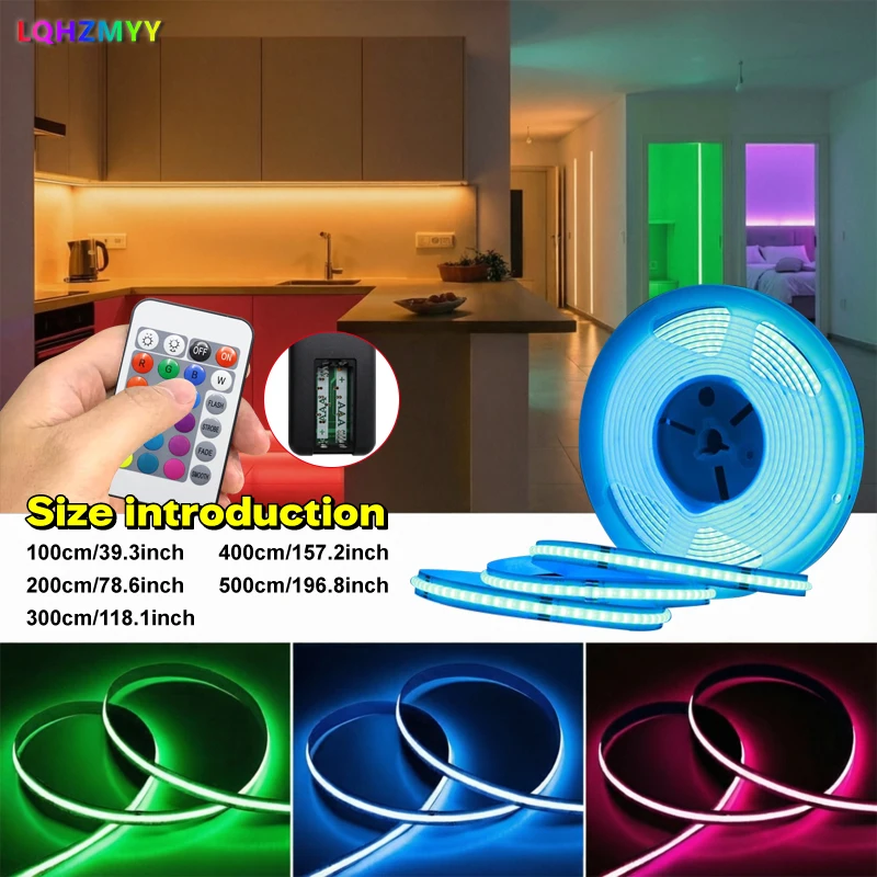 A Roll of Rgb Color-Changing Cob Led Strip Lights with No Light Spots, Low Voltage 5V USB Powered, with 24-Key Remote Control, Color-Switchable Led Strip Lights for Tv, Computer, Gaming, E-Sports, Home Bedroom Decoration, Surprise Parties, Stage Music Ambiance, Halloween, Christmas, and Other Holiday Atmospheres