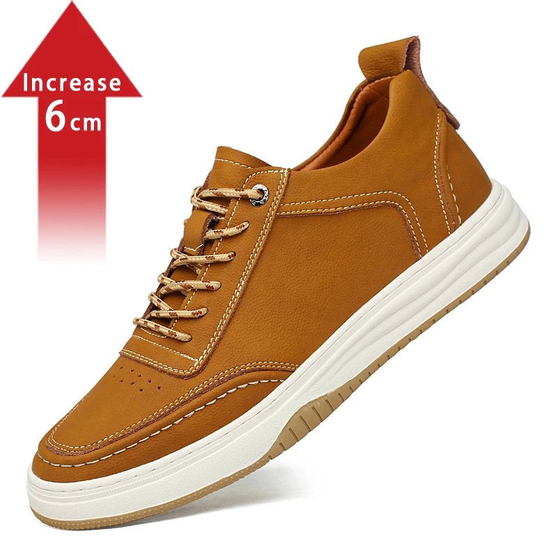 Sepatu olahraga pria, sepatu lift coklat tebal, sol meningkat sebesar 6 cm, sepatu olahraga kasual, sneaker pria modis