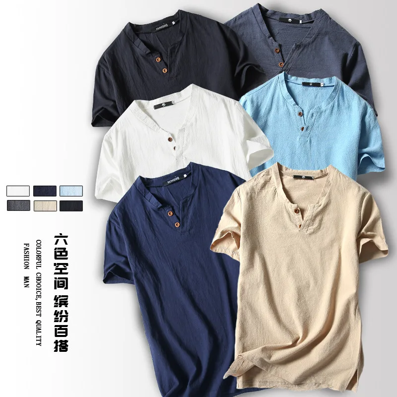 2024 New Japanese Linen Short-sleeved T-shirt Men\'s Cotton and Linen Half-sleeved Solid Color Large Size Two-button T-shirt