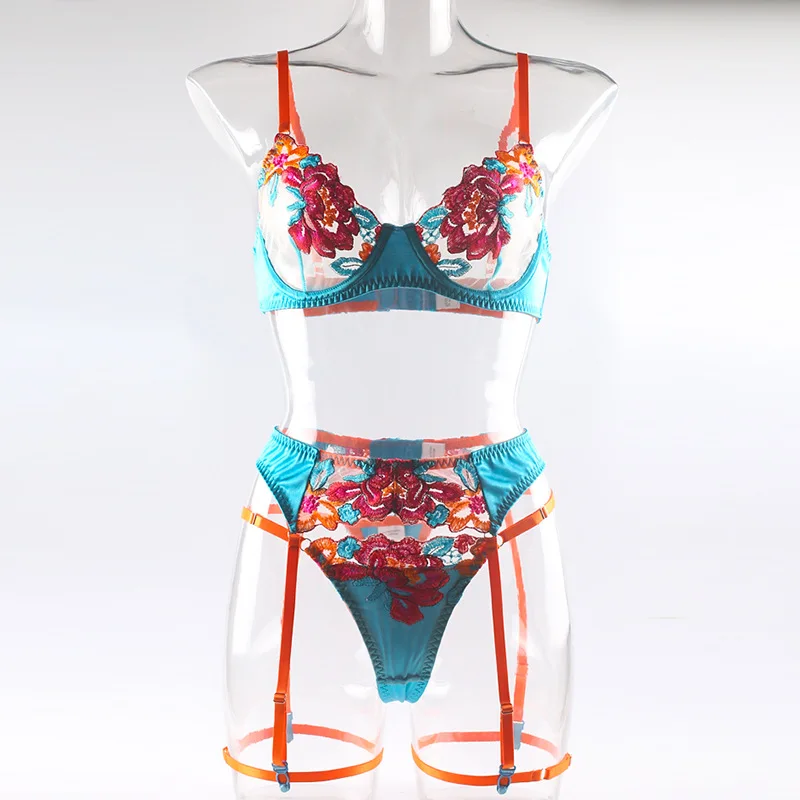 Luxury Embroidery Lingerie Three Piece Sets Sexy Mesh Patchwork See Through Bras And Panties Garter Erotic Intimate Outfits - Image 5