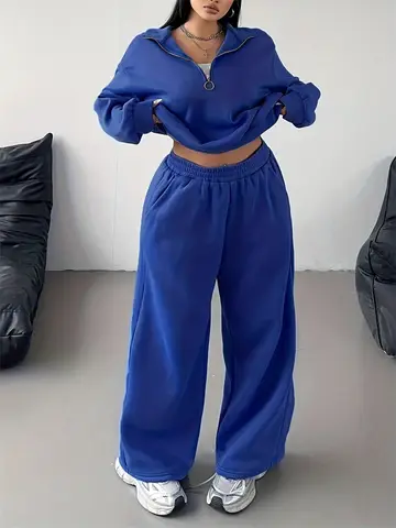 Wmstar Women Pants Sets Wholesale Plus Size Solid Color Suit A Half Zipper Long Sleeve Top with Loose Tightness and Straight Top