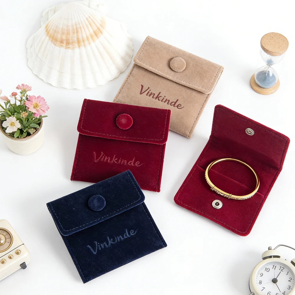 

Custom Logo 8x8cm Velvet Gift Jewelry Bag Snap Buckle Packaging Bags Necklace Earrings Bracelet Storage Sack Dust Protect Box