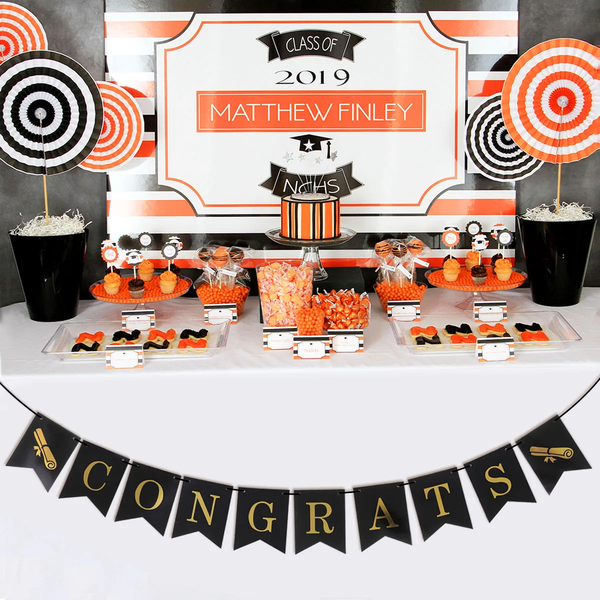 

Congrats Banner Diploma Decor Swallowtail Shimmering Gold Letters and Black Background Hanging Banner for Graduation Party