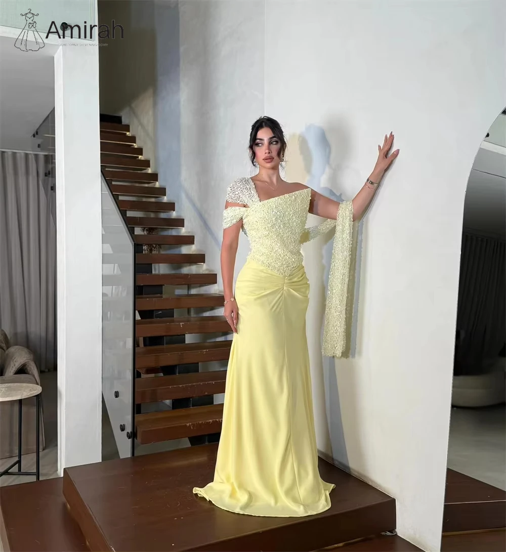 Abito da sera in tulle a coda di pesce Amirah Abiti da sera da donna di lusso su misura di lusso 2025 Abito da ballo con nastro con spalle scoperte 2025