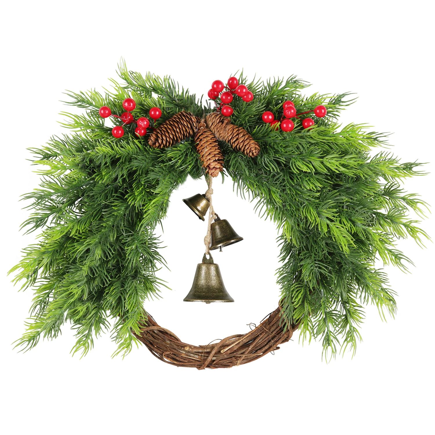 45cm Farmhouse Bell Christmas Wreath for Front Door Pine Cone Berry Garland Decoration Artificial Green Plants Garland