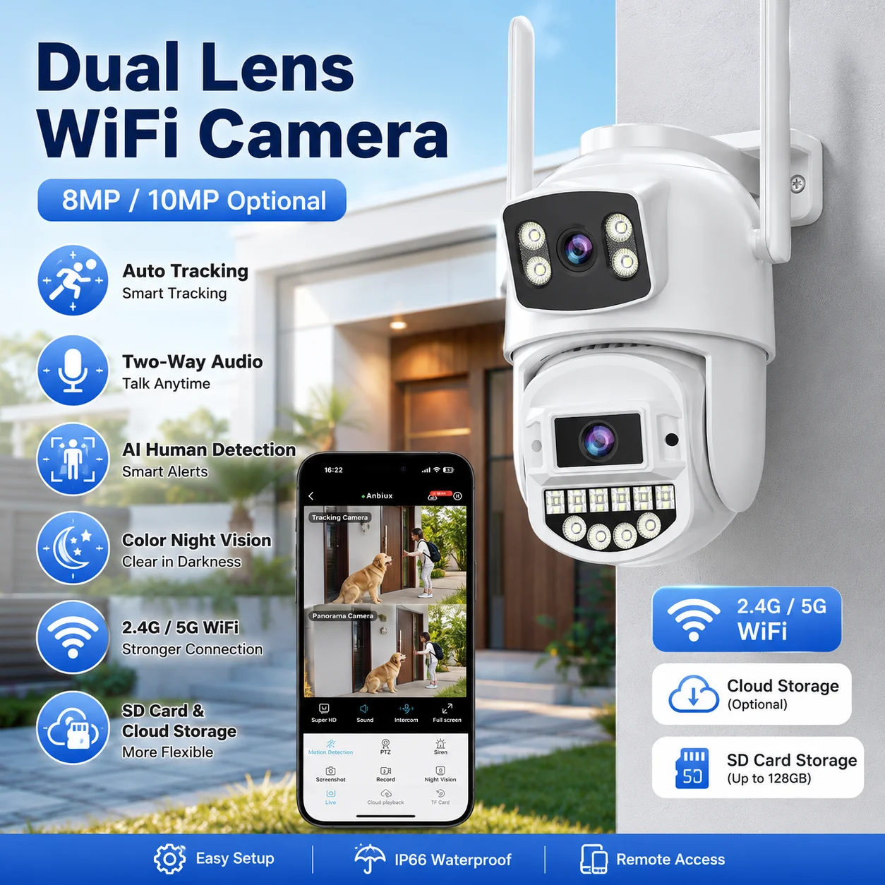 AUBERON 10MP 4K Dual Lens PTZ WiFi Cameras AI Human Detection Auto Tracking Two-Way Audio 8MP Outdoor Wireless Security IP CCTV