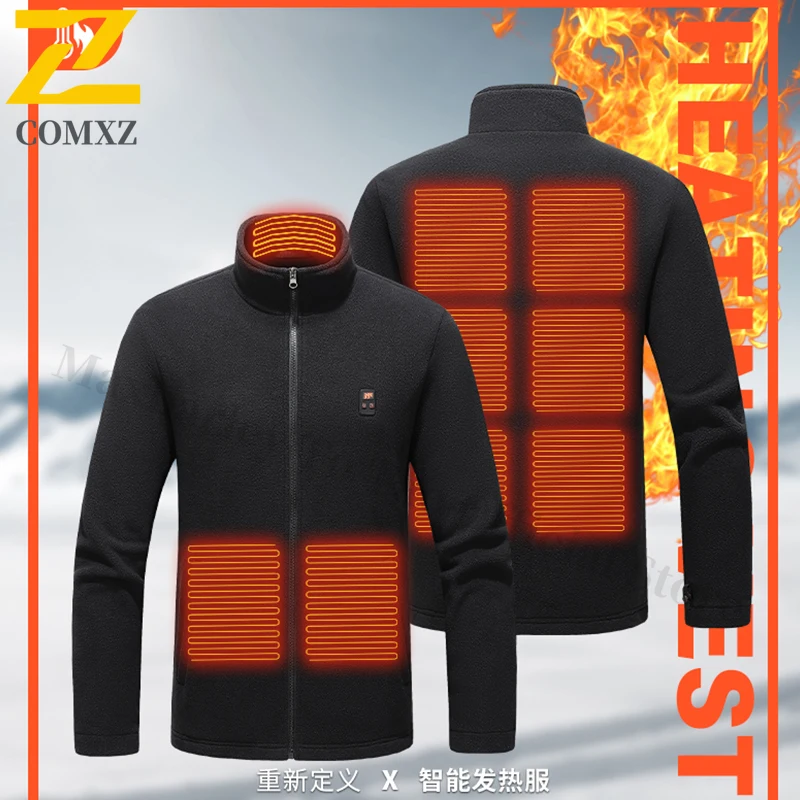 

COMXZ Men's Electric Heated Polar Fleece Jacket Smart Temperature Control Winter Thermal Coat Outdoor Windproof Warming Wear