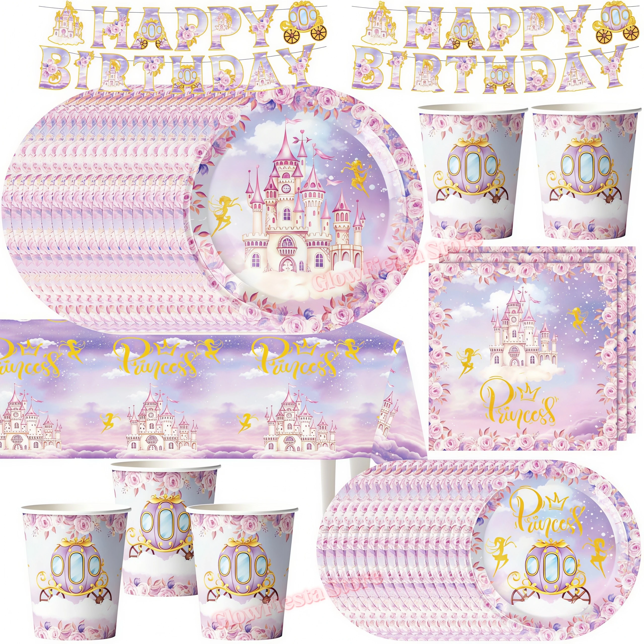 Lila Prinzessinnen-Schloss Geburtstagsparty Dekorationen Tischgeschirr-Set Teller Becher Servietten Banner für Mädchen Babyparty Hochzeitszubehör