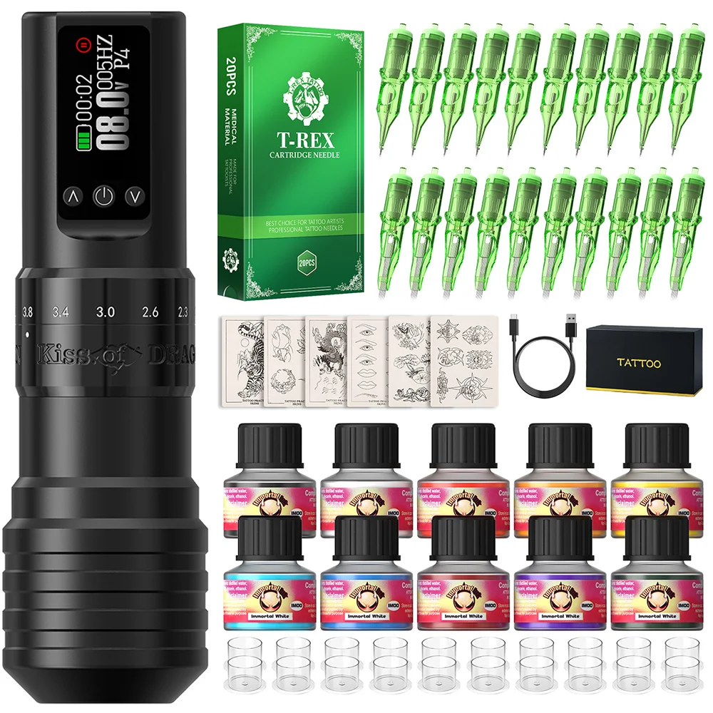 

Набор для татуировки Kiss of Dragon: Беспроводная тату-машинка, полный комплект, регулируемый ход 2.0-4.2 мм, ЖК-экран, аккумулятор 1600 мАч
