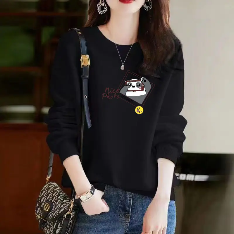 Spring Autumn Korean Style Kawaii Cartoon Panda Cat Print Long Sleeve Female Sweatshirt Casual Loose Pullover Top Women Clothing