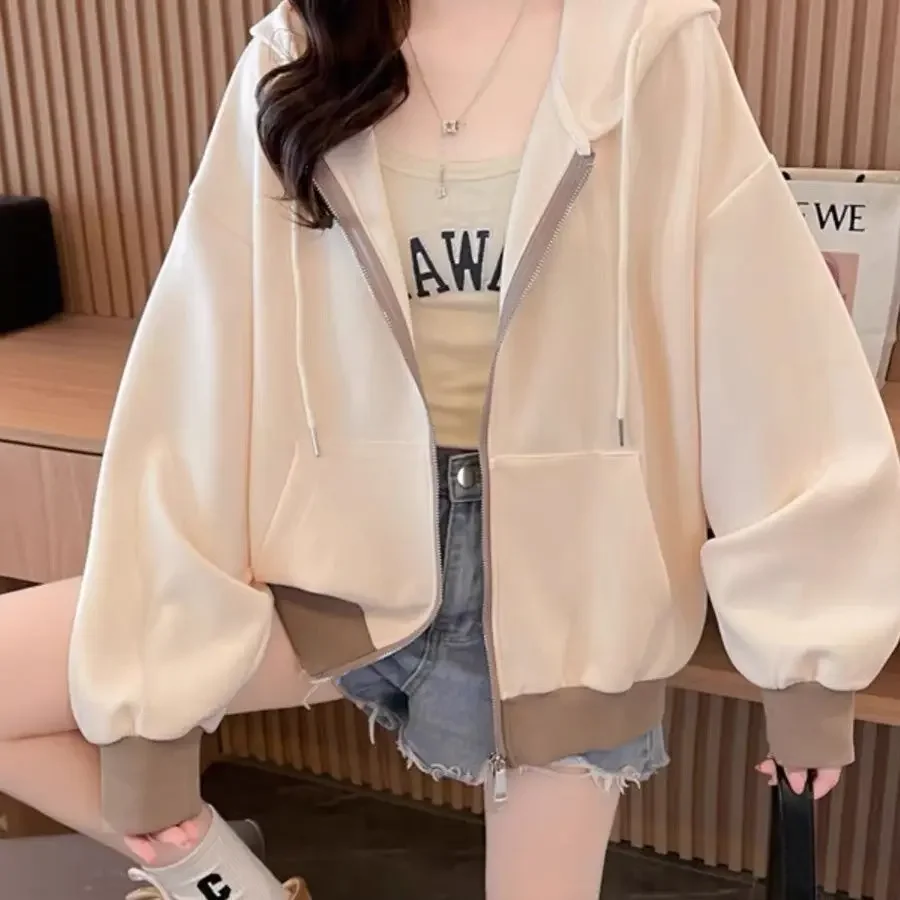 European Style New Solid Color Hooded Retro Color Blocking Hoodie Women Ins Spring and Autumn Zippered Casual Short Jacket Top