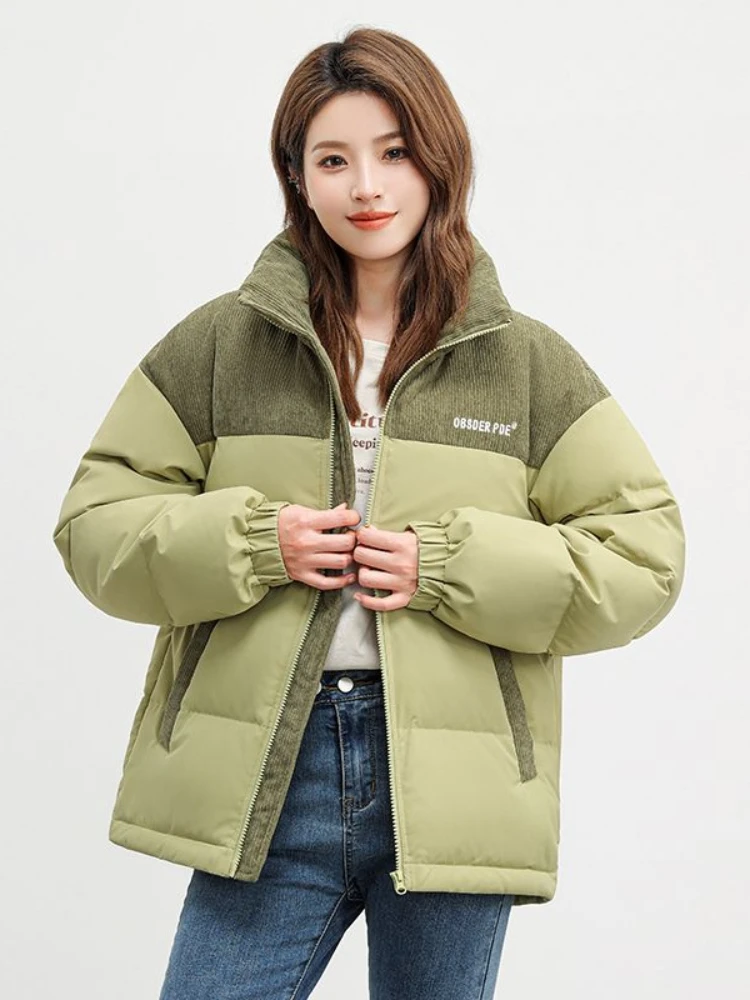 Women Streetwear Puffer Jacket Winter Corduroy Patchwork Short Parkas Female Loose Retro Thick Short Outerwear Padded Coat