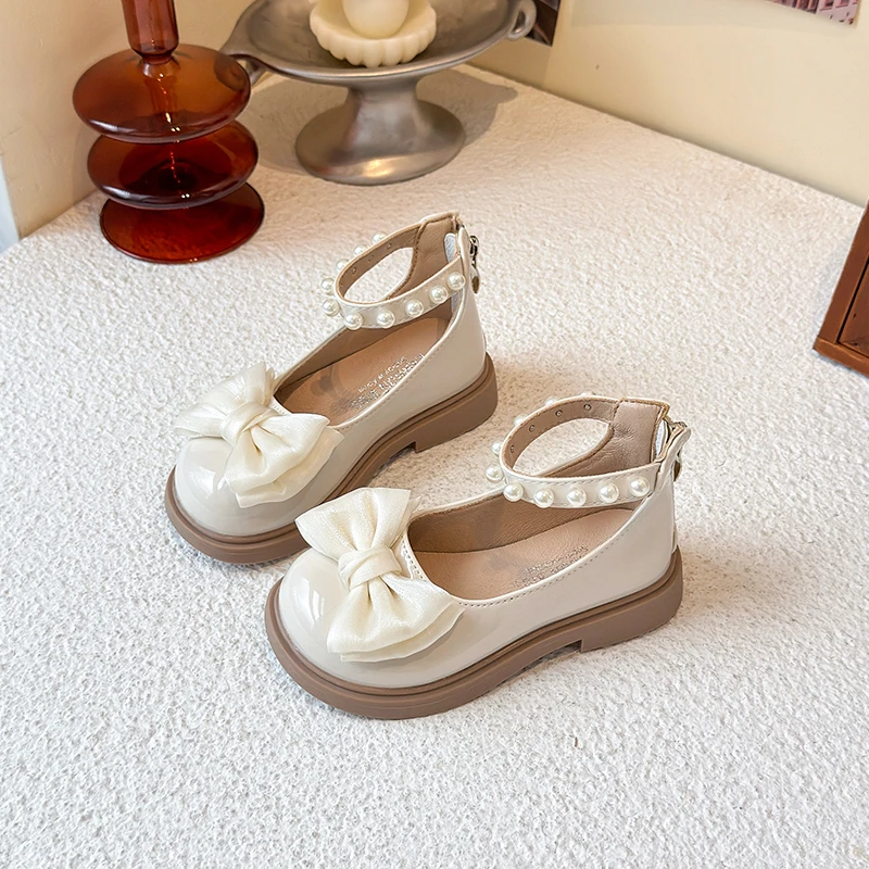 

New Kids Leather Shoes Spring Autumn Elegant Bowknot Children Fashion Girls Mary Jane Shoes Sweet Princess Lolita Beading Shoes