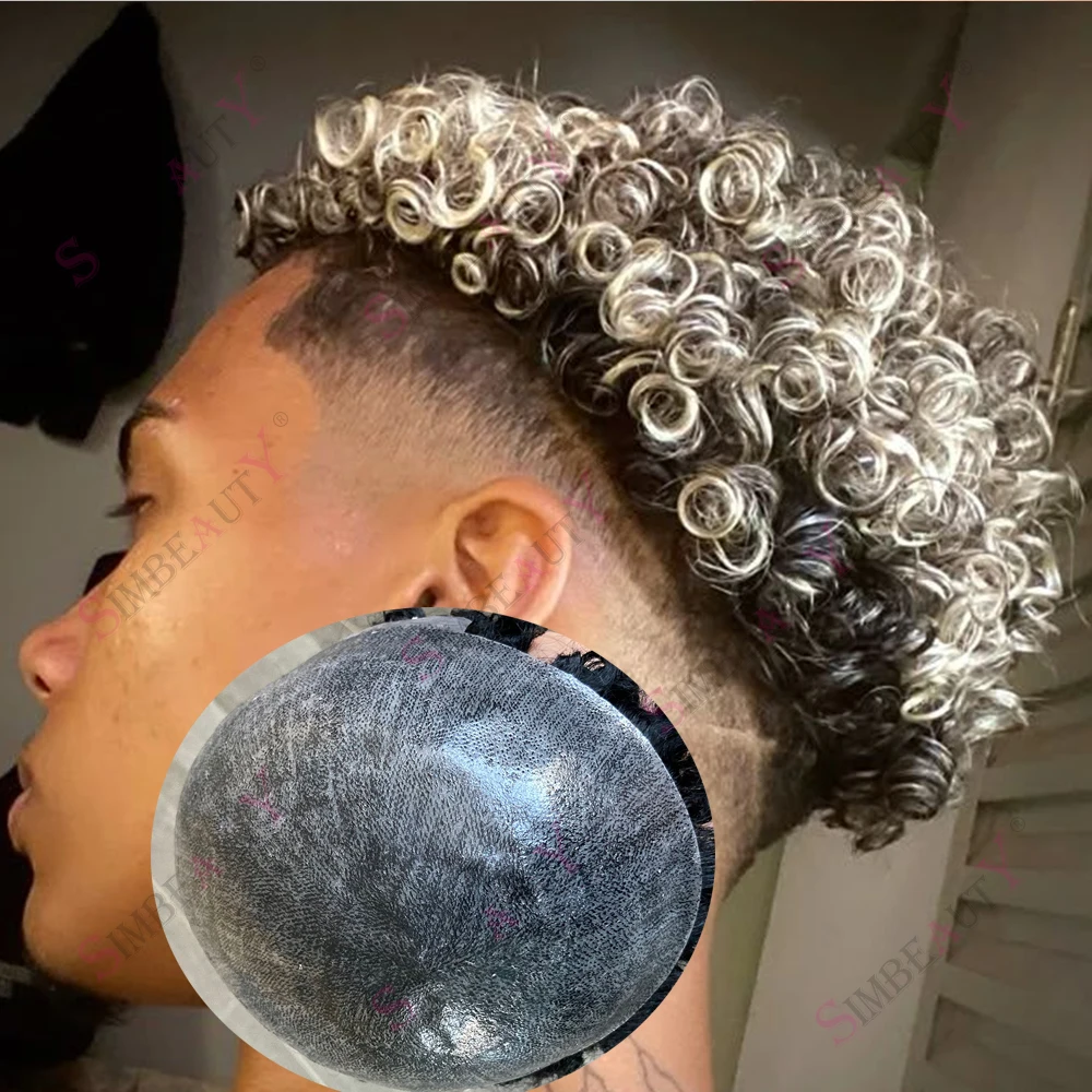 

15 мм вьющийся афро-серый мужской парик, человеческие волосы, прочный, тонкий, из искусственной кожи, капиллярная пробка, естественная линия волос, черный, коричневый, система замены