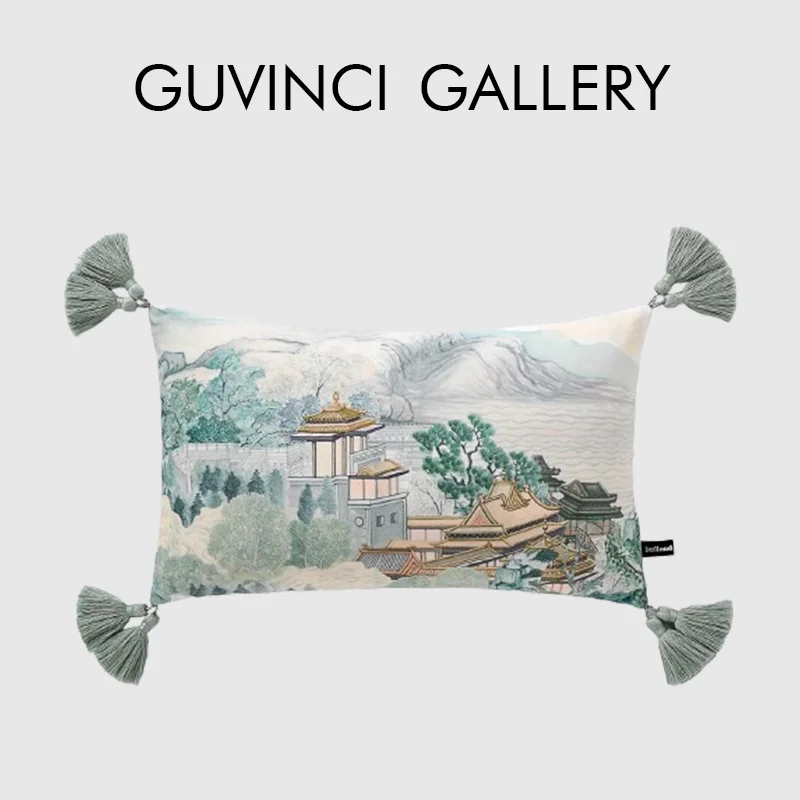 GUVINCI The Ancient Chinese City Landscape Scene Lumbar Pillow Cover Luxury Super Soft Velvet Cushion Case 30x50cm With Tassels