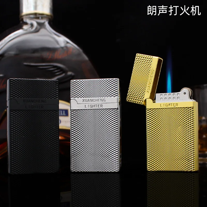 Creative loud lighter, Open the lid sound lighter, Flame cigarette lighter, Personality metal brushed gas lighter