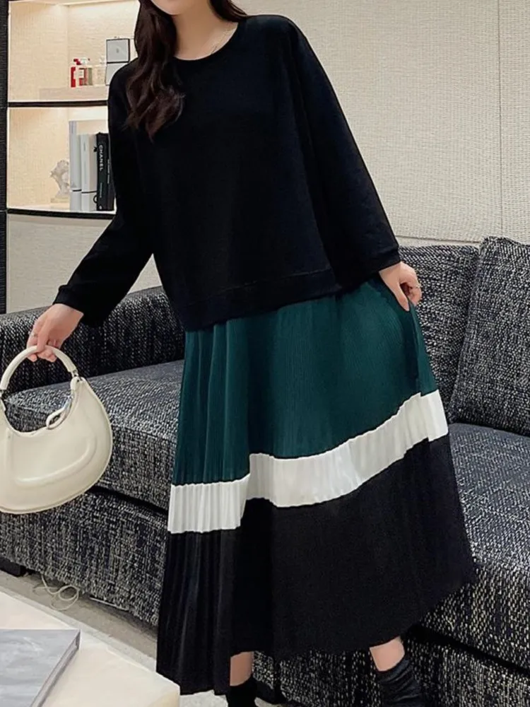 Spring Autumn Patchwork Pleated Dress Woman Robe Femme Elbise Cotton Loose Plus Size Long Sleeve Ladies Dresses Vestidos
