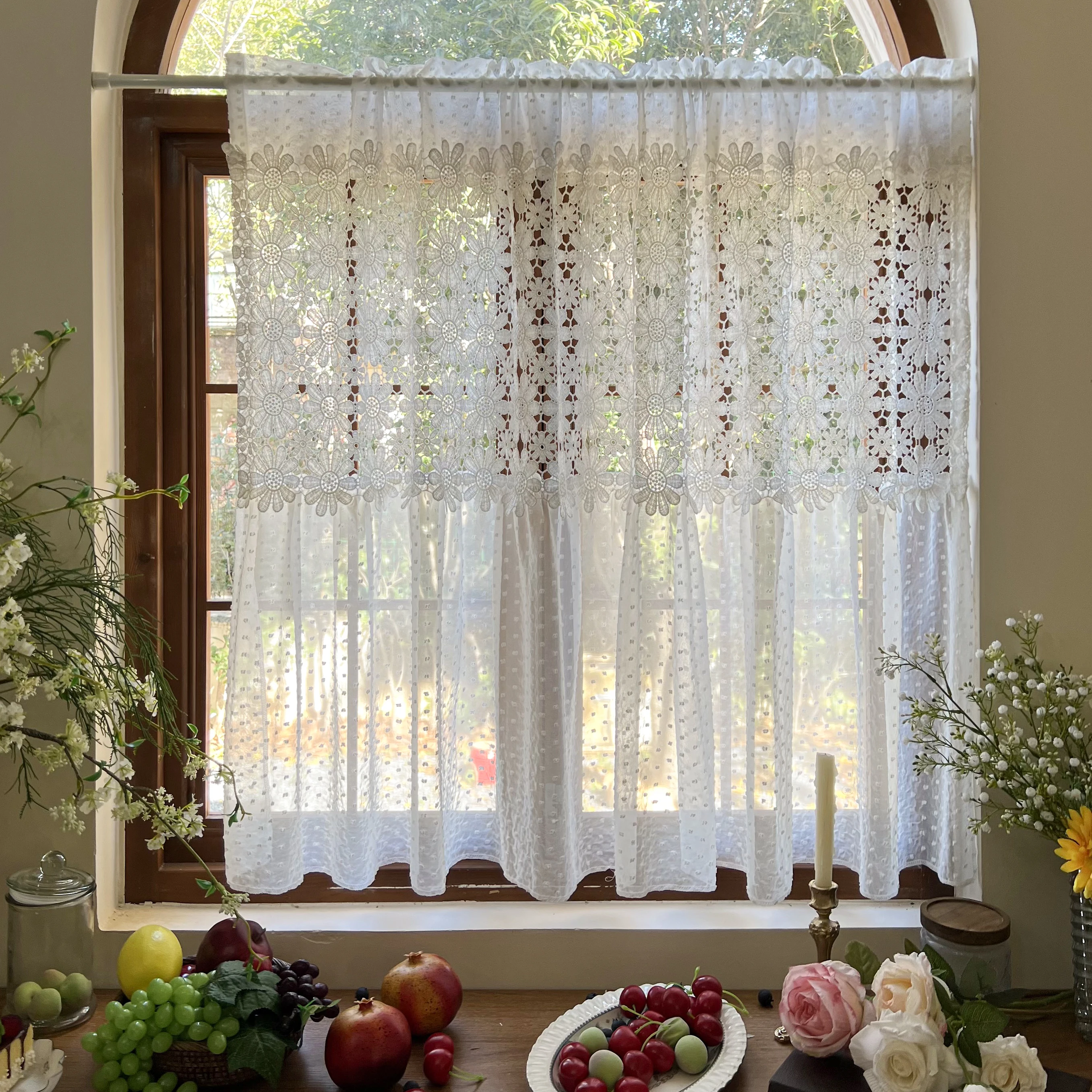 

1PC Romantic White Hollow Lace Floral Sheer Curtain for Small Window Entrance Study Home Decoration Wedding #E