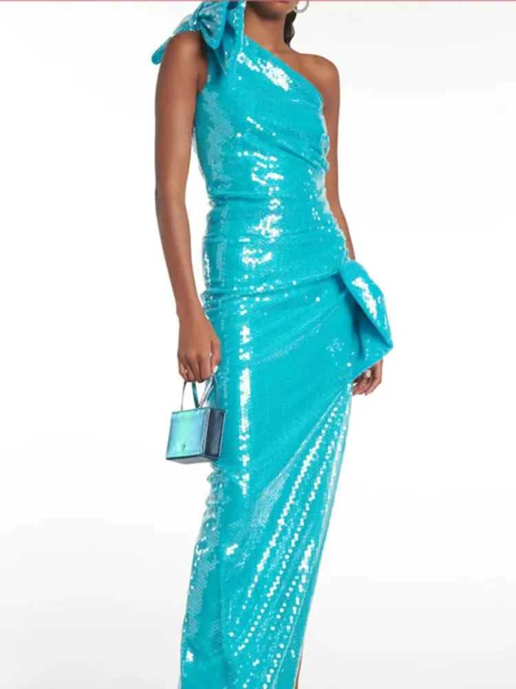 Bow Tie Jazz Dance Costumes Rave Dress Models Irregular Urban Latin Women One Shoulder Stage Sequins Y2k Dresses 2025 New