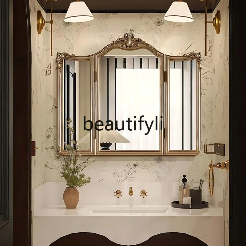 

French vanity mirror, desktop American retro bedroom makeup, European folding three-sided mirror B03